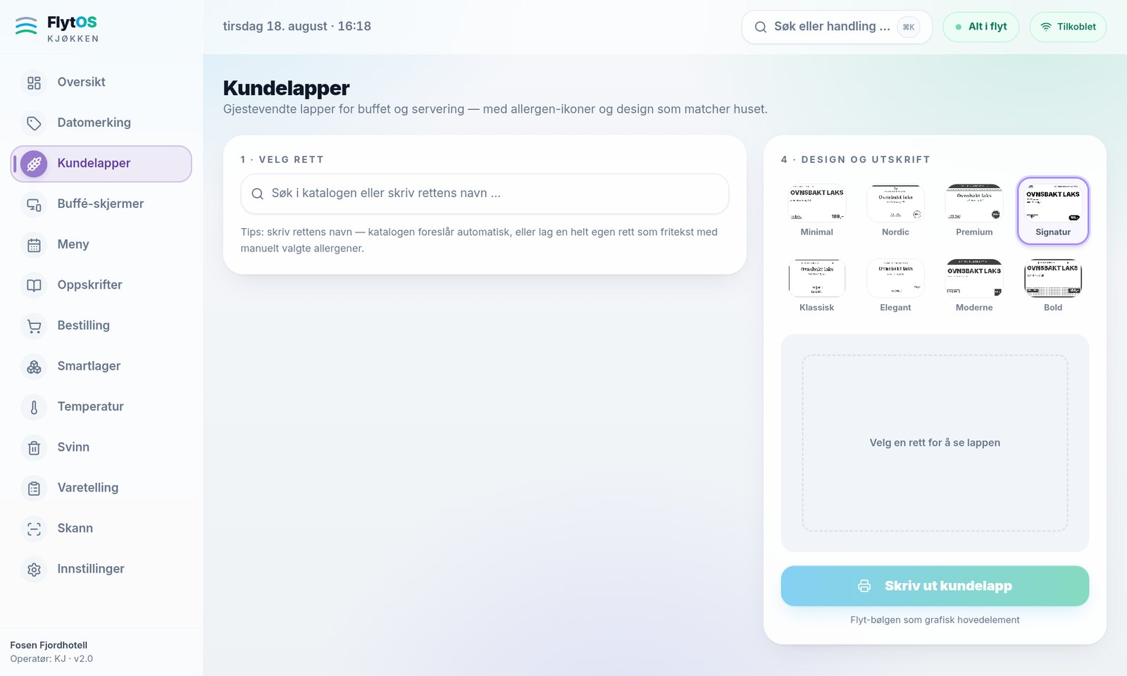 Kundelapper i FlytOS — forhåndsvisning, designvalg og utskrift i én flyt