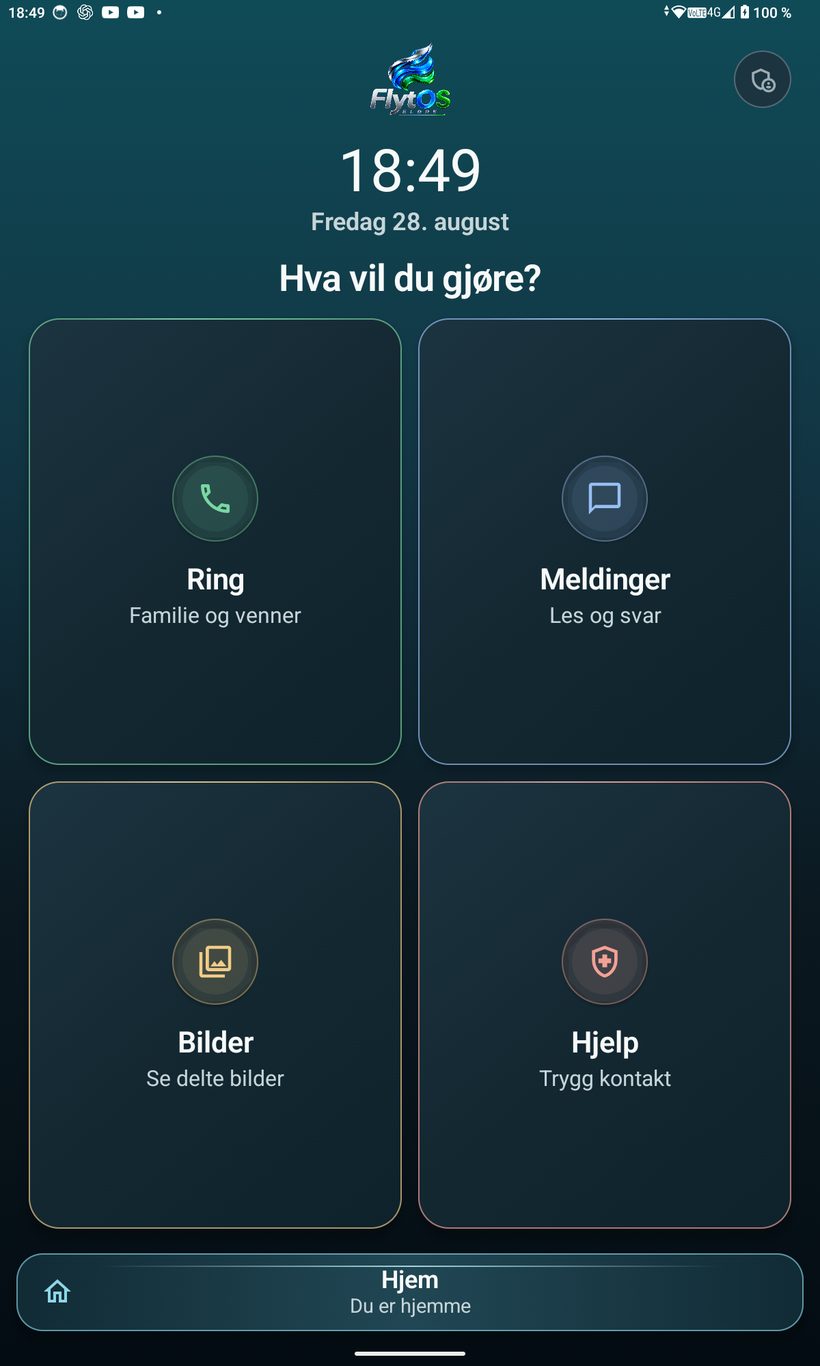 Flyts startskjerm med klokke, dato og fire store valg: Ring, Meldinger, Bilder og Hjelp